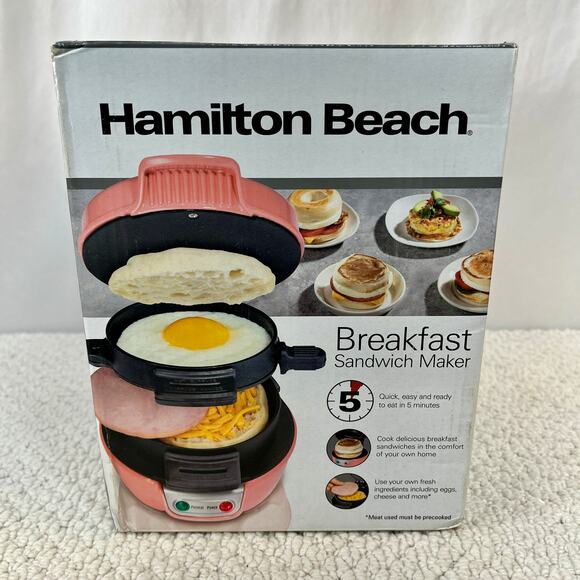Hamilton Beach Breakfast Sandwich Maker W/ Egg Cooker Ring Coral Nonstick NIP - Picture 1 of 4